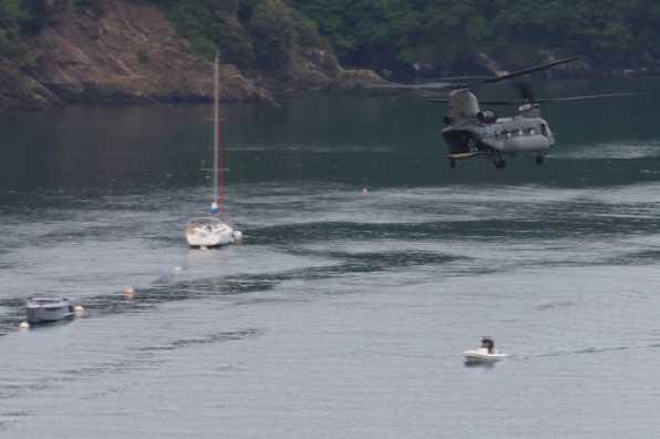 21 May 2020 - 19-33-20 
That's not even a particularly tall mast on the left. And it's likely that the guy in the little motor boat might have felt the need to duck. Or swim.
----------------------
Super low past Dartmouth RAF Chinook ZH902